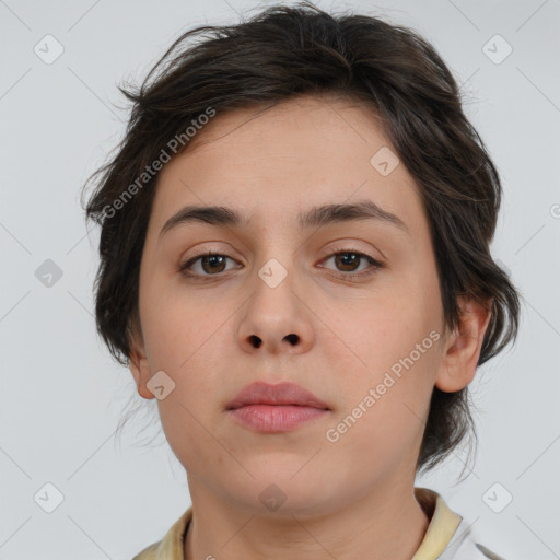 Neutral white young-adult female with medium  brown hair and brown eyes