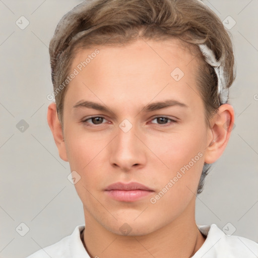 Neutral white young-adult male with short  brown hair and brown eyes