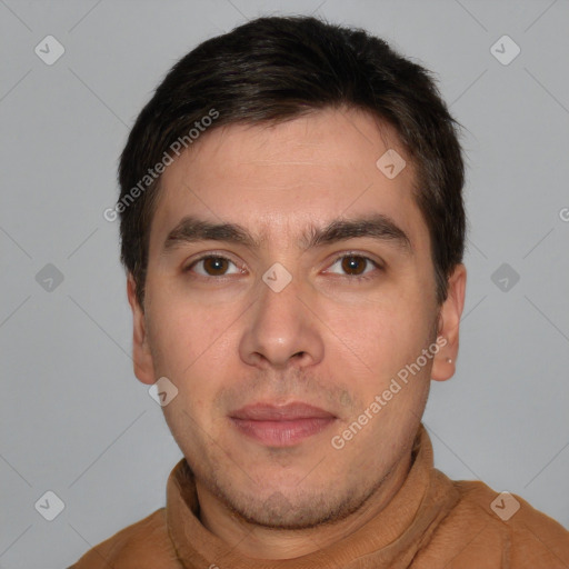 Neutral white young-adult male with short  brown hair and brown eyes