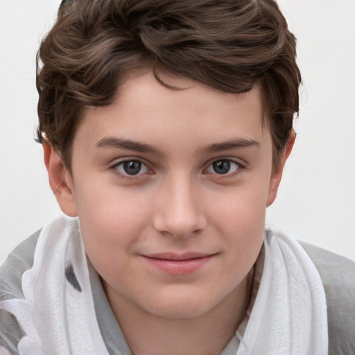 Joyful white child female with short  brown hair and brown eyes