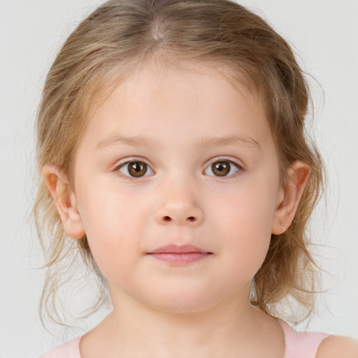 Neutral white child female with medium  brown hair and blue eyes