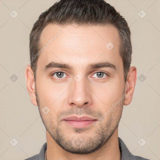 Neutral white young-adult male with short  brown hair and brown eyes