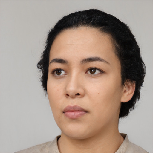 Neutral asian young-adult female with medium  black hair and brown eyes