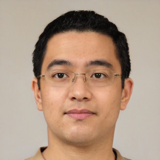 Neutral asian young-adult male with short  black hair and brown eyes