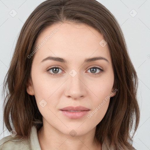 Neutral white young-adult female with medium  brown hair and brown eyes