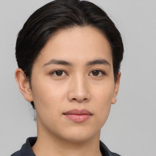 Neutral asian young-adult female with short  brown hair and brown eyes
