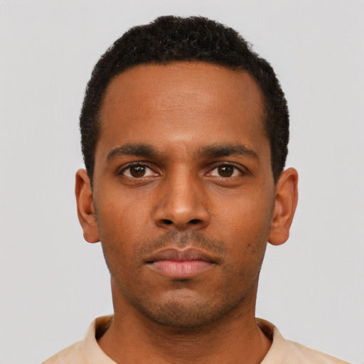 Neutral black young-adult male with short  black hair and brown eyes