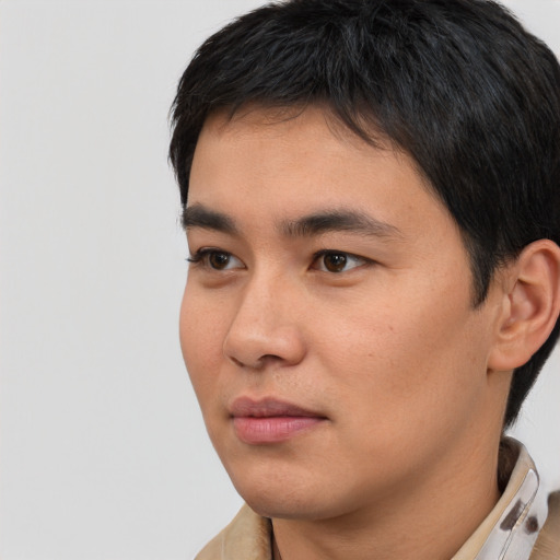 Neutral white young-adult male with short  black hair and brown eyes