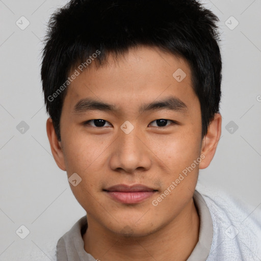 Neutral asian young-adult male with short  brown hair and brown eyes