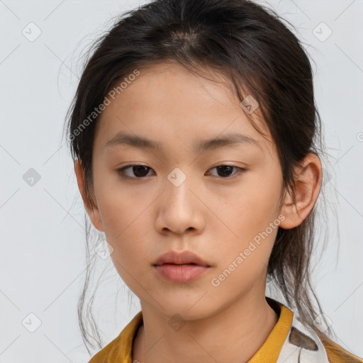 Neutral asian young-adult female with medium  brown hair and brown eyes