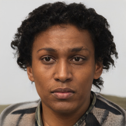 Neutral black adult female with short  brown hair and brown eyes