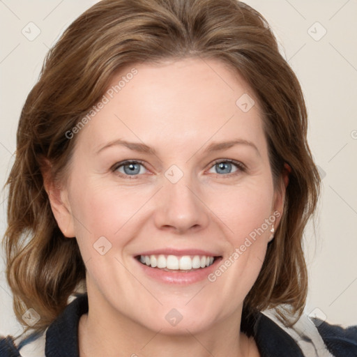 Joyful white young-adult female with medium  brown hair and blue eyes