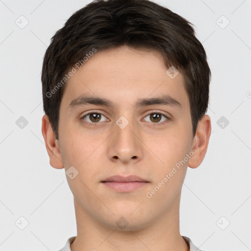 Neutral white young-adult male with short  brown hair and brown eyes