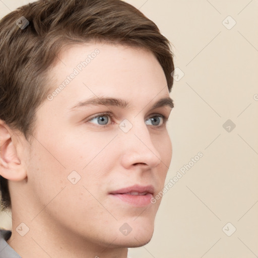 Neutral white young-adult male with short  brown hair and grey eyes