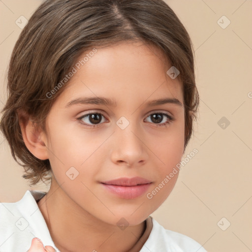 Joyful white child female with medium  brown hair and brown eyes