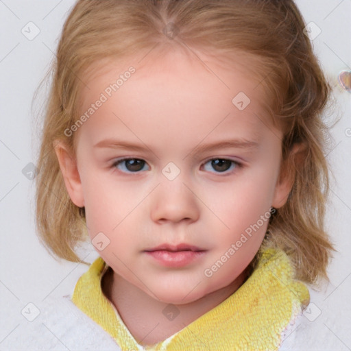 Neutral white child female with medium  brown hair and blue eyes