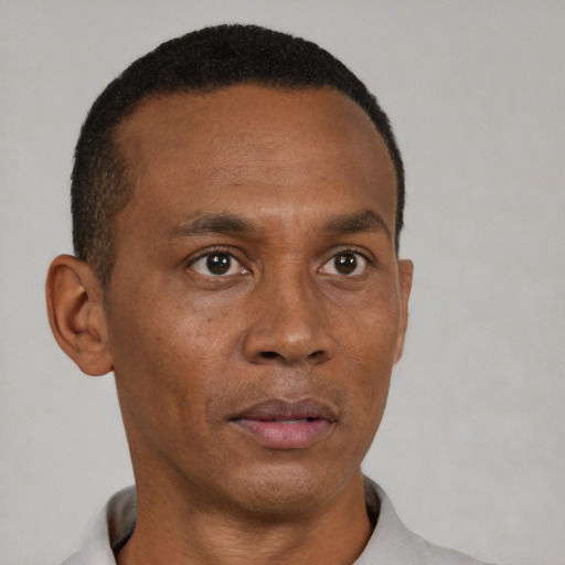 Neutral black adult male with short  black hair and brown eyes