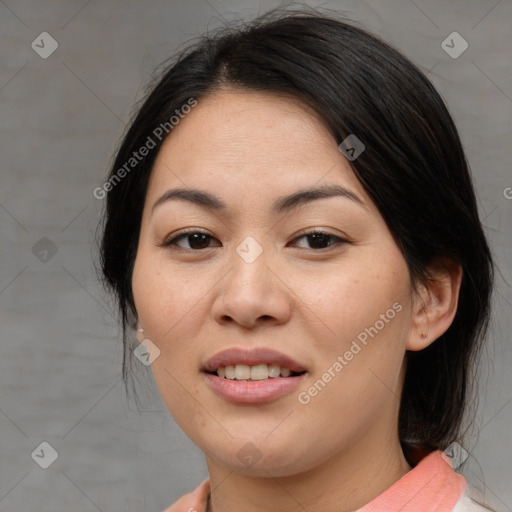 Joyful asian young-adult female with medium  brown hair and brown eyes