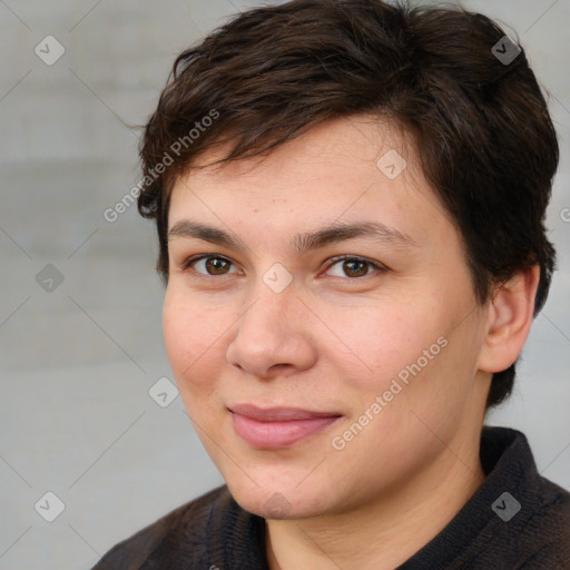 Joyful white young-adult female with medium  brown hair and brown eyes