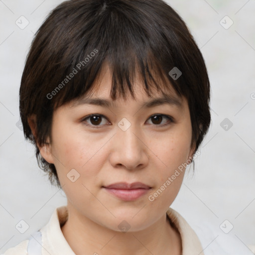 Neutral white young-adult female with medium  brown hair and brown eyes