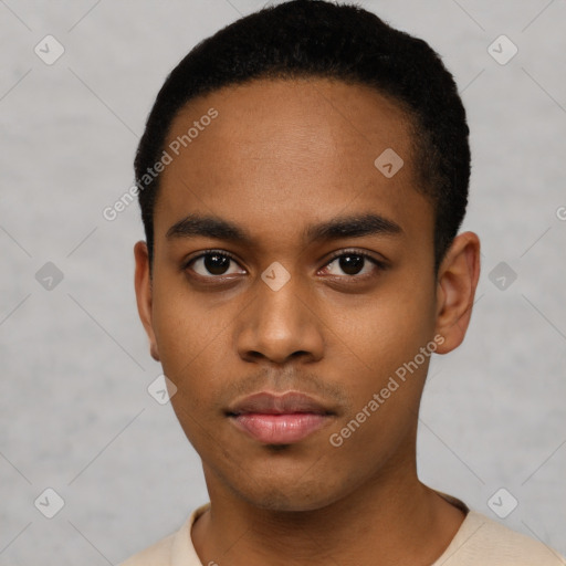 Neutral latino young-adult male with short  black hair and brown eyes