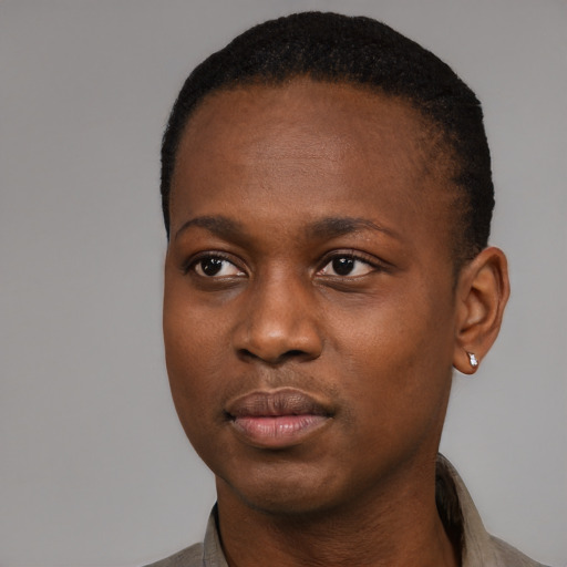 Neutral black young-adult female with short  black hair and brown eyes