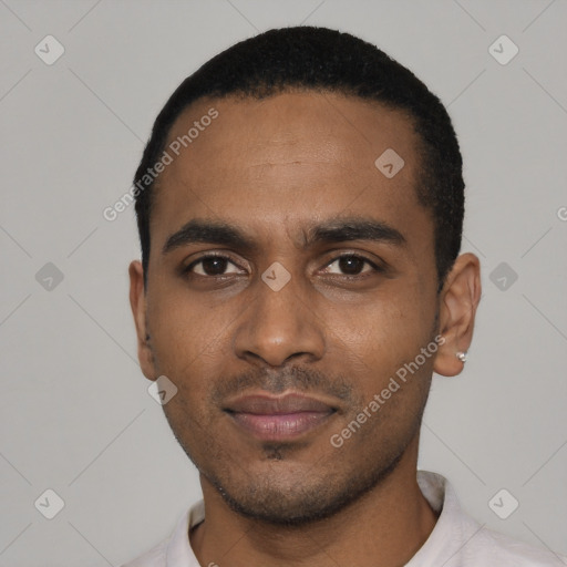 Neutral black young-adult male with short  black hair and brown eyes