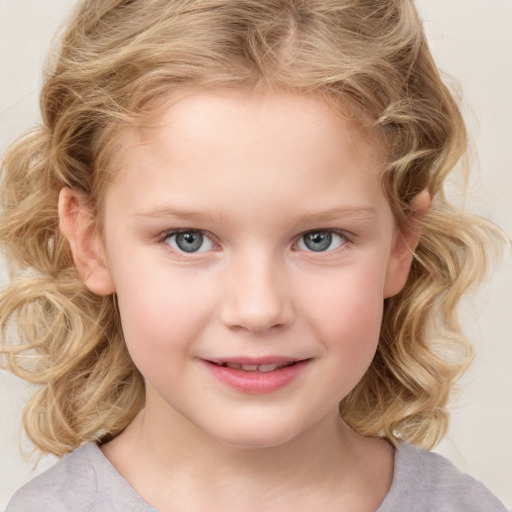 Joyful white child female with medium  brown hair and blue eyes