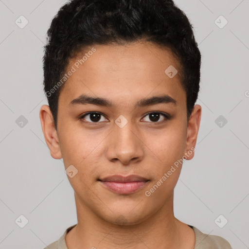 Joyful latino young-adult male with short  brown hair and brown eyes