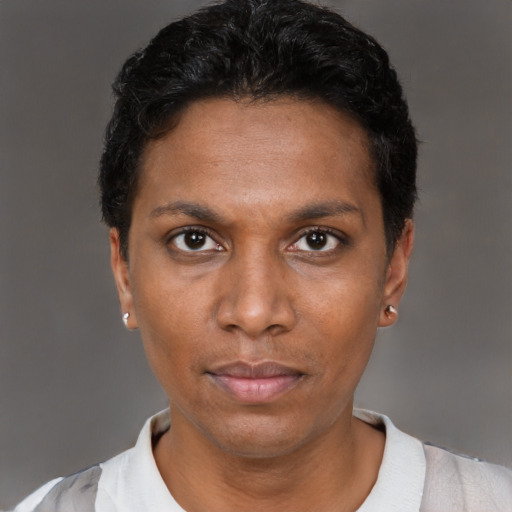 Neutral black young-adult female with short  black hair and brown eyes