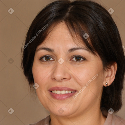 Joyful white adult female with medium  brown hair and brown eyes