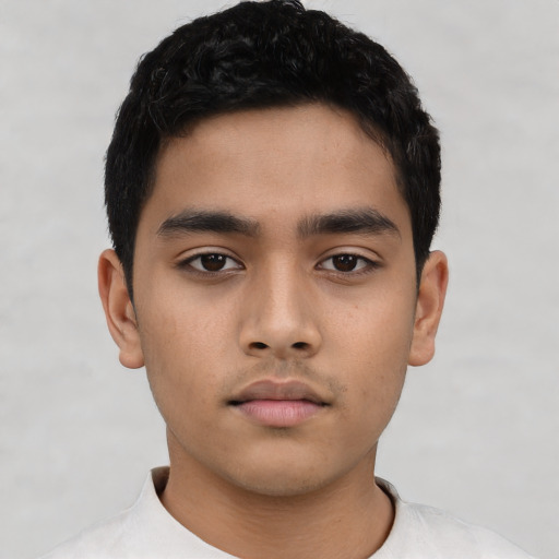 Neutral asian young-adult male with short  black hair and brown eyes