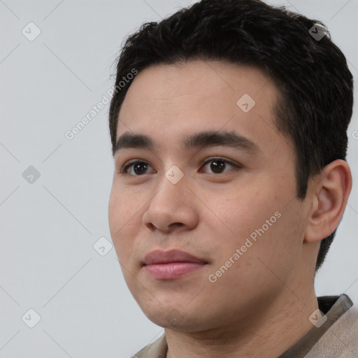 Neutral white young-adult male with short  black hair and brown eyes