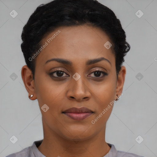 Joyful black young-adult female with short  black hair and brown eyes