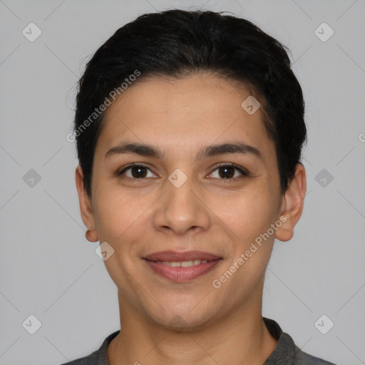 Joyful latino young-adult female with short  brown hair and brown eyes