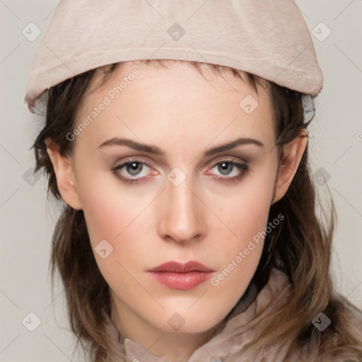 Neutral white young-adult female with medium  brown hair and grey eyes