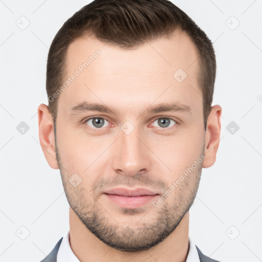 Neutral white young-adult male with short  brown hair and grey eyes