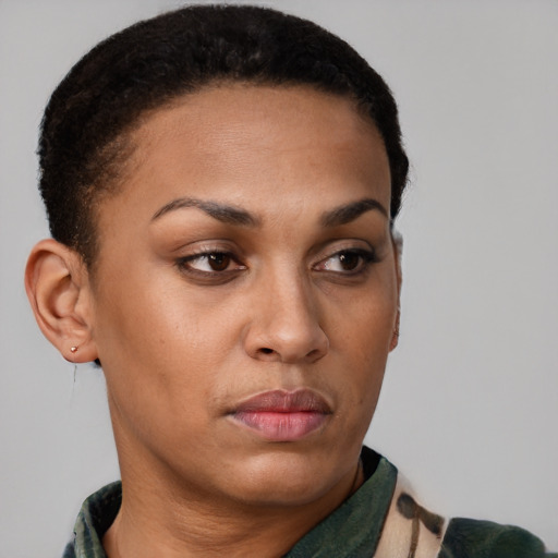 Neutral latino young-adult female with short  brown hair and brown eyes