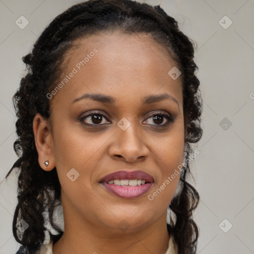 Joyful latino young-adult female with long  brown hair and brown eyes