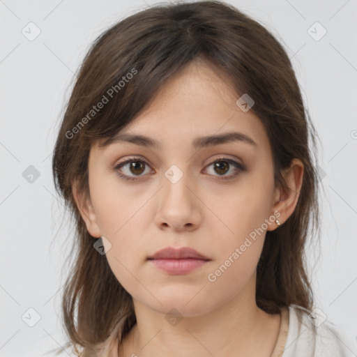 Neutral white young-adult female with medium  brown hair and brown eyes