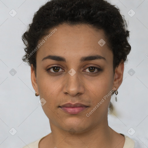 Joyful latino young-adult female with short  brown hair and brown eyes