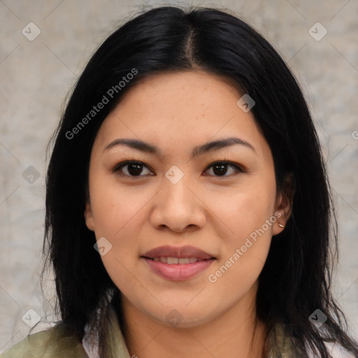 Joyful asian young-adult female with medium  black hair and brown eyes