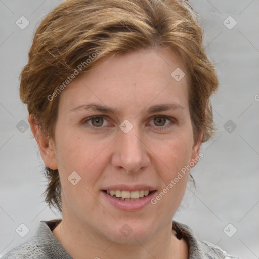 Joyful white young-adult female with medium  brown hair and blue eyes