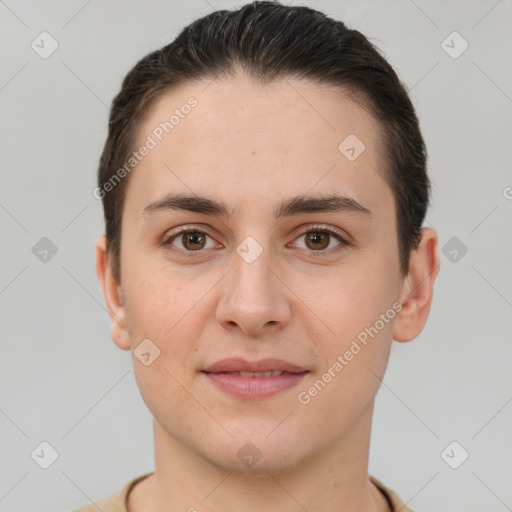 Joyful white young-adult female with short  brown hair and brown eyes