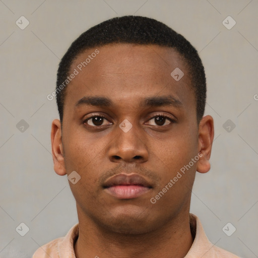 Neutral latino young-adult male with short  brown hair and brown eyes