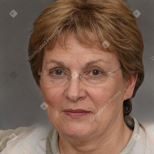 Joyful white middle-aged female with medium  brown hair and brown eyes