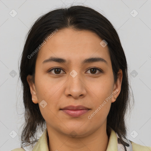 Joyful latino young-adult female with medium  brown hair and brown eyes