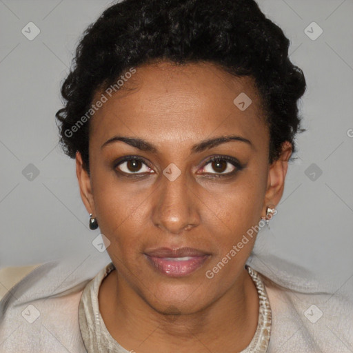 Neutral black young-adult female with short  black hair and brown eyes