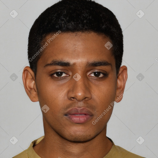 Neutral latino young-adult male with short  black hair and brown eyes