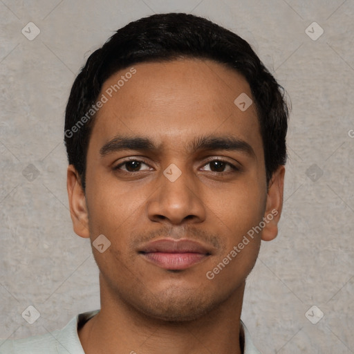 Neutral latino young-adult male with short  black hair and brown eyes